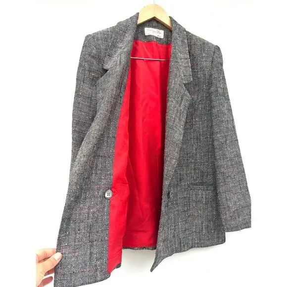 Vintage Christian Dior Tweed Oversized Double Breasted Blazer 80s Medium - Picture 7 of 8